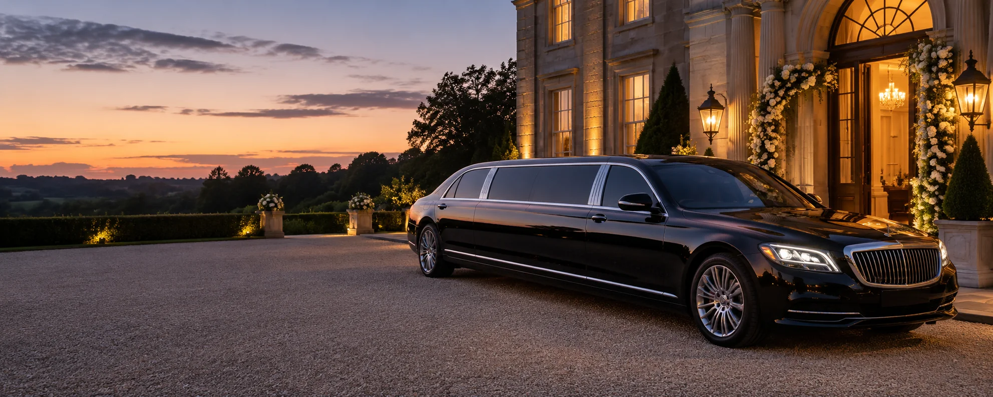 AI-generated illustrative image for limousine hire showing the relevant work in a UK setting